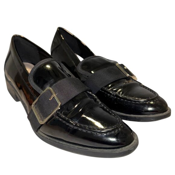 ZARA Vegan Patent Leather Loafers 38 7.5 Low Heel Buckle Detail Goth Preppy Faux - Picture 1 of 16